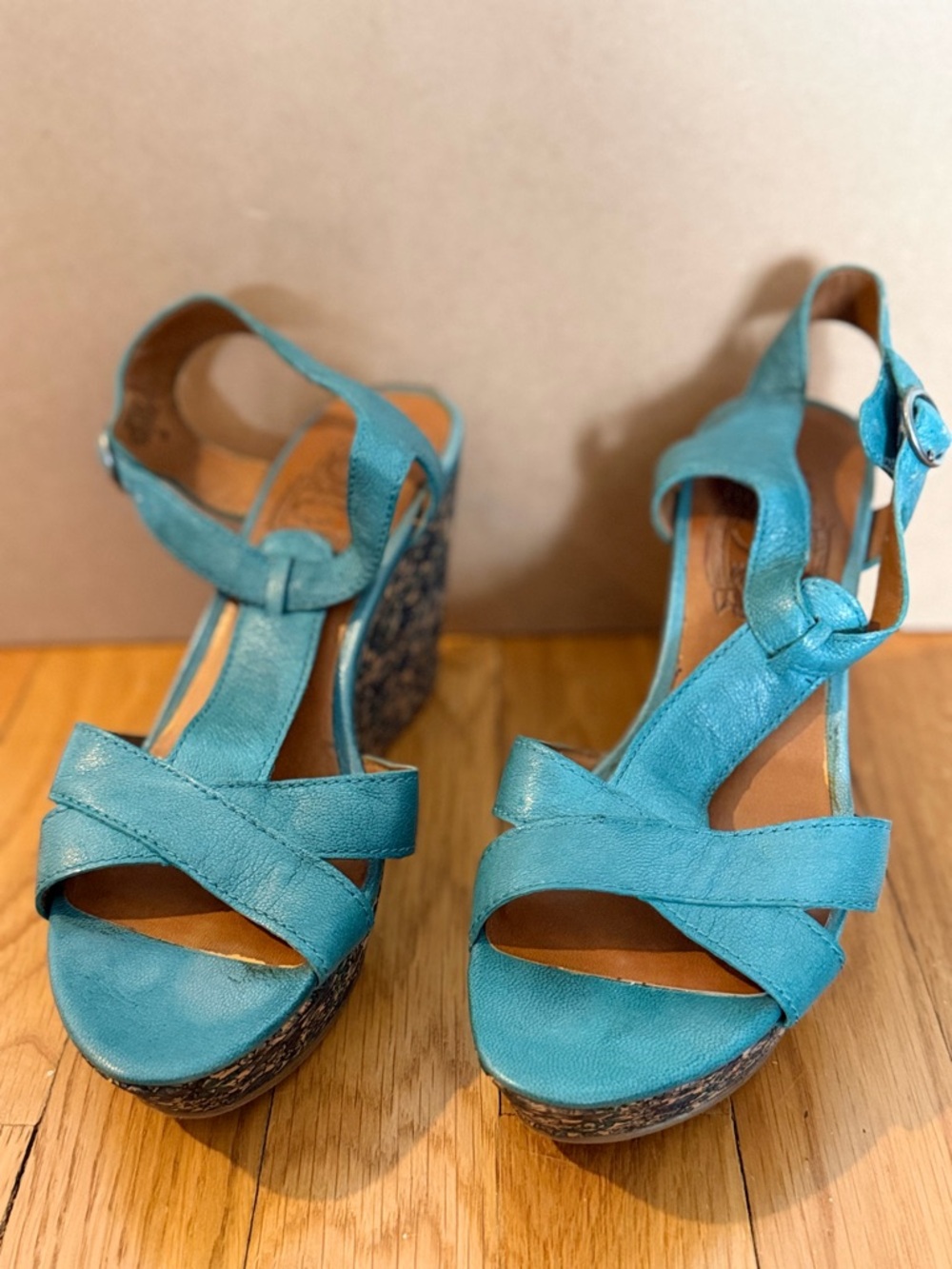 Kork-Ease Teal Blue Leather Wedge Sandals